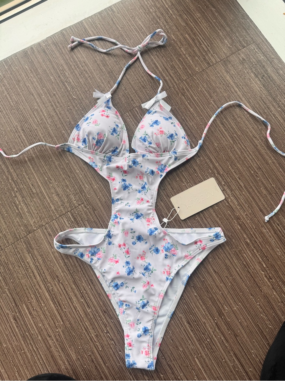 Girls White Floral Cutout One-Piece Swimsuit with Pink & Blue Flowers
